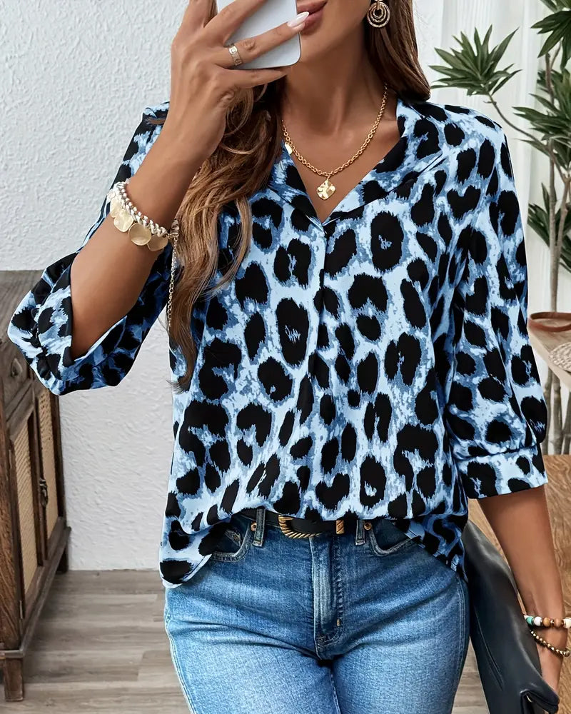 Bluse med halvlange ærmer, leopardprint, vid model