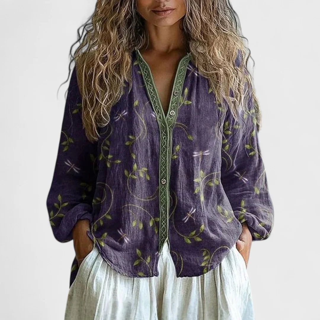 Amber - Vintage Bluse Med Bladprint