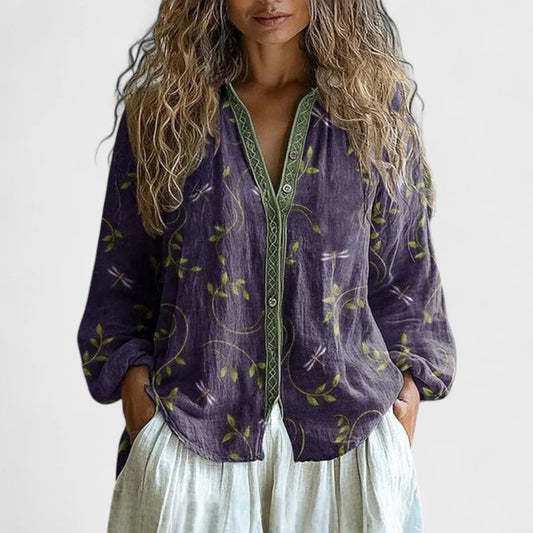 Amber - Vintage Bluse Med Bladprint