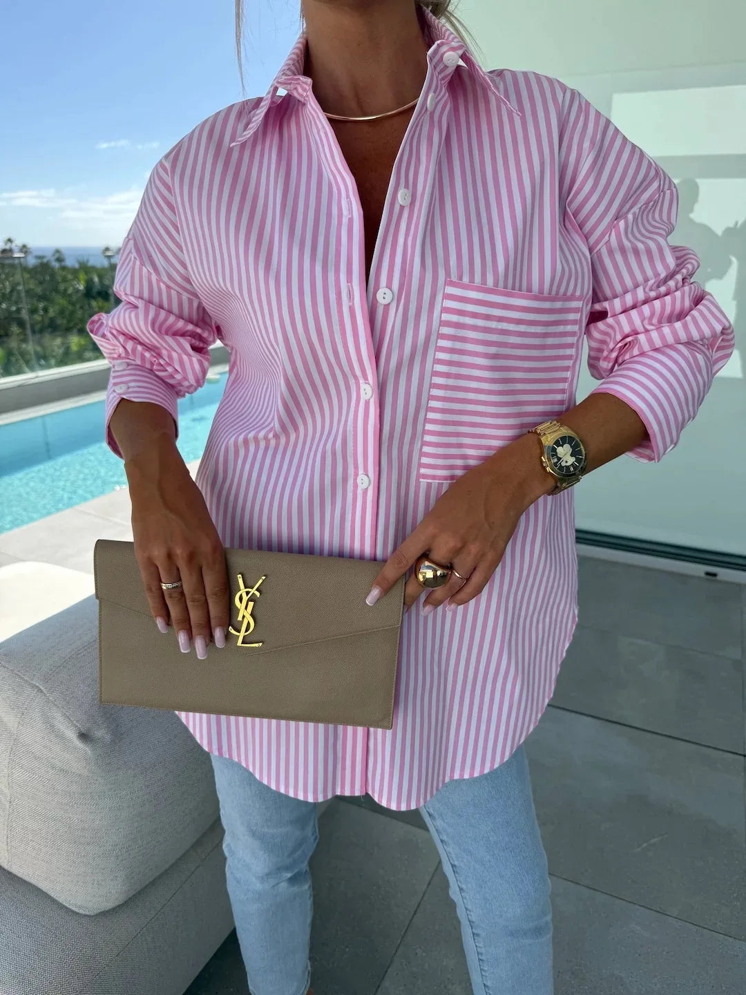 2025 Stribet Bluse med Knapper til Kvinder