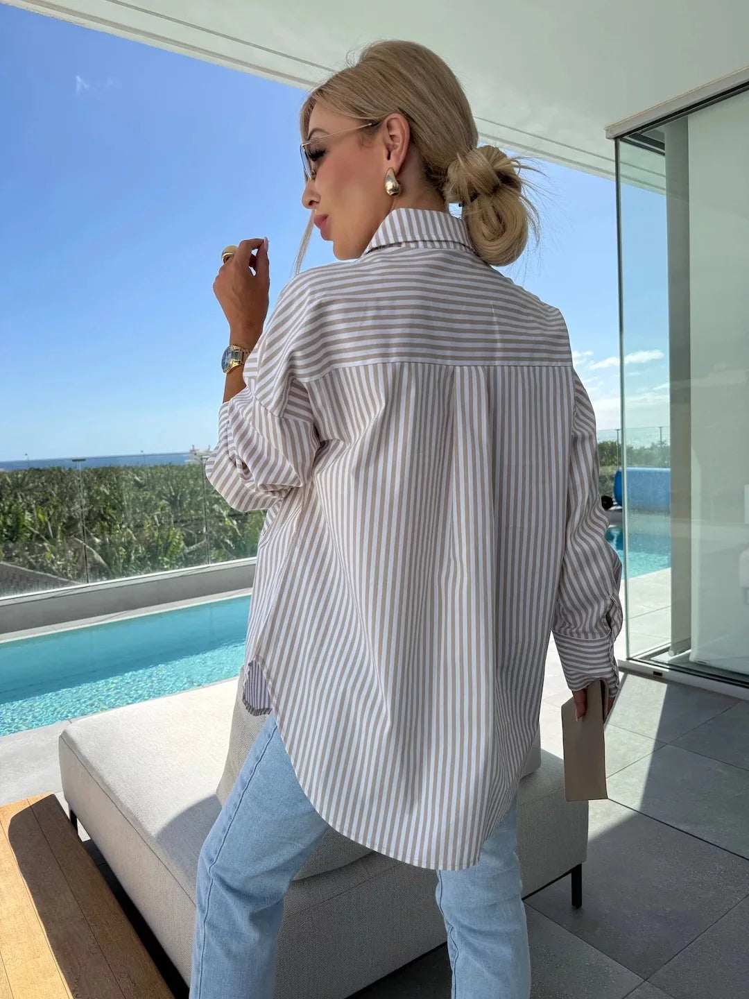 2025 Stribet Bluse med Knapper til Kvinder