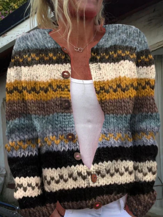 Skovholm - Stribet Farvefelt Kardigan med Knapper